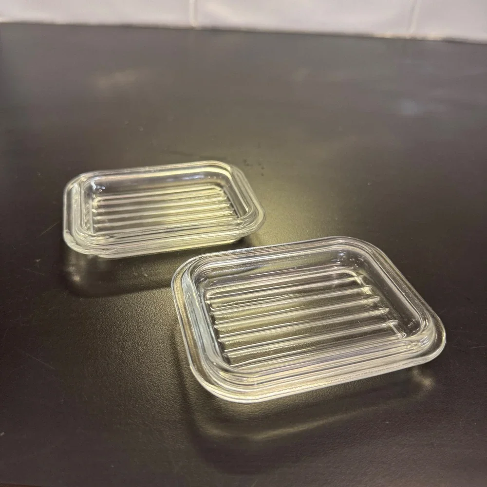Glass Soap Dish Set of 2 Clear Ribbed Vintage Style Bathroom Decor 4in
